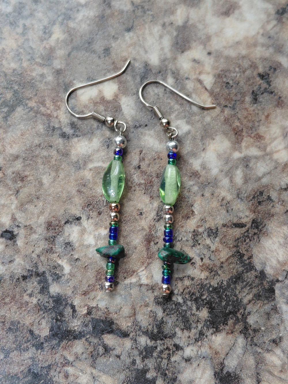 Artisan Green Glass Bead Green Gemstone Small Bead Silver Tone Dangle Earrings